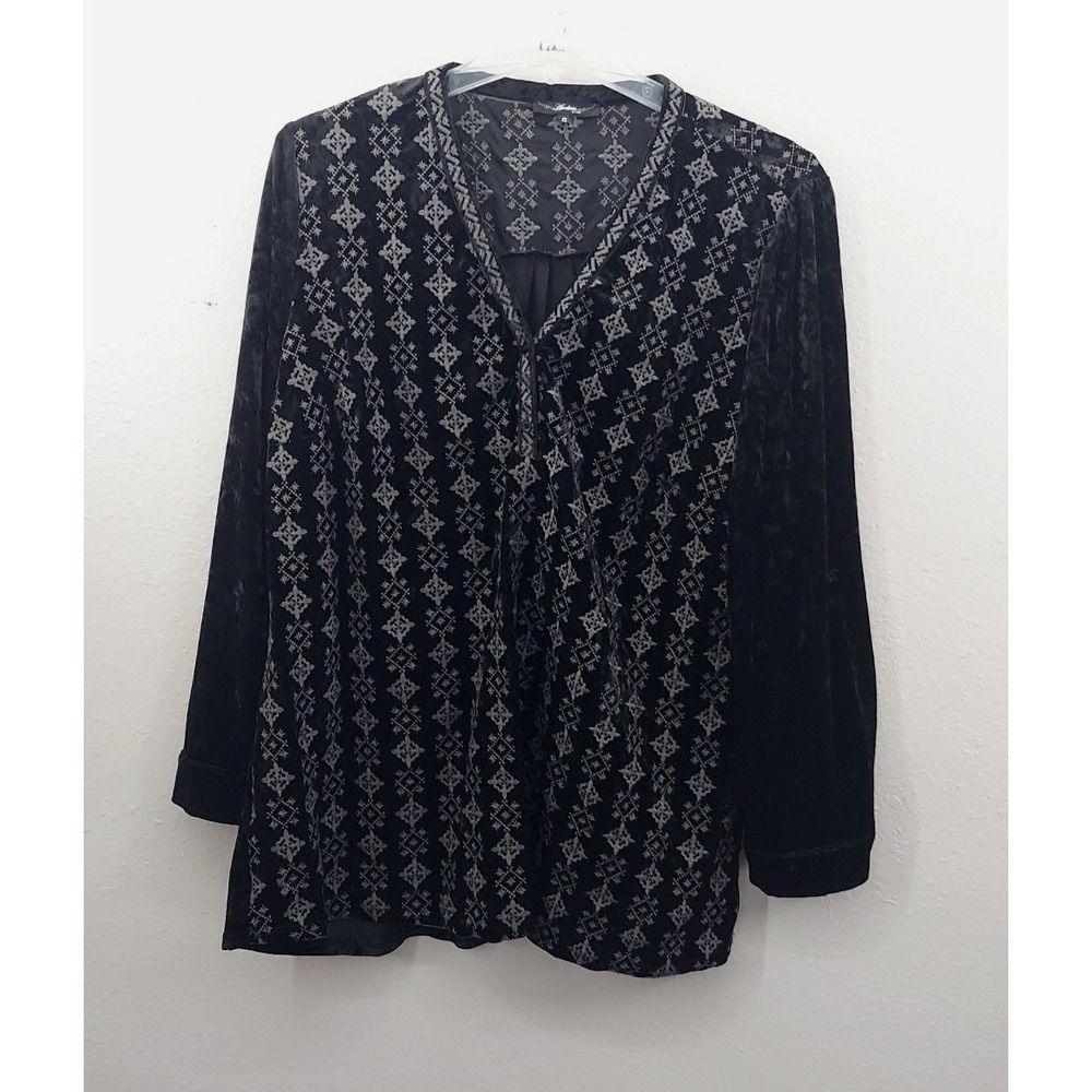 Andree by Unit Velvet Top Womens 2X Black Embroidered Tunic V Neck Flowy Velour
